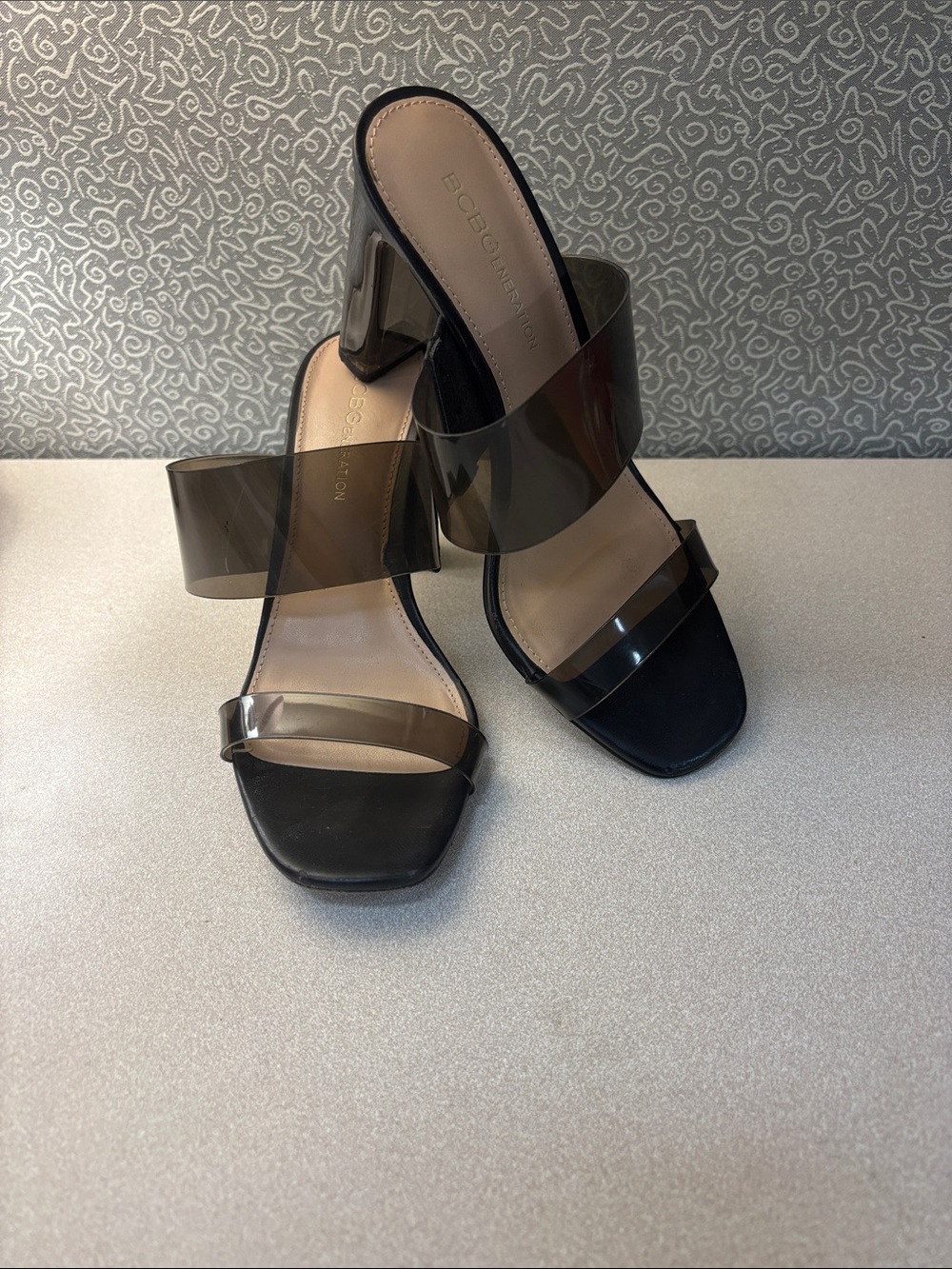 BCBGeneration Black Lucite Two-Strap Slide Heels - Size 6.5